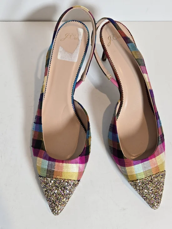 J. Crew Multicolor Plaid Slingback Heels with Glitter Pointed Toe - Picture 1 of 4